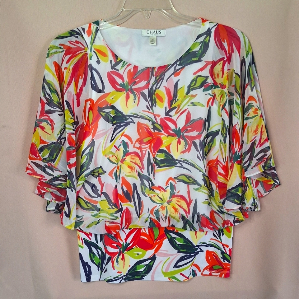 🌿 5/$25. CHAUS Draped Blouse with Floral Print, Size S (A13)
